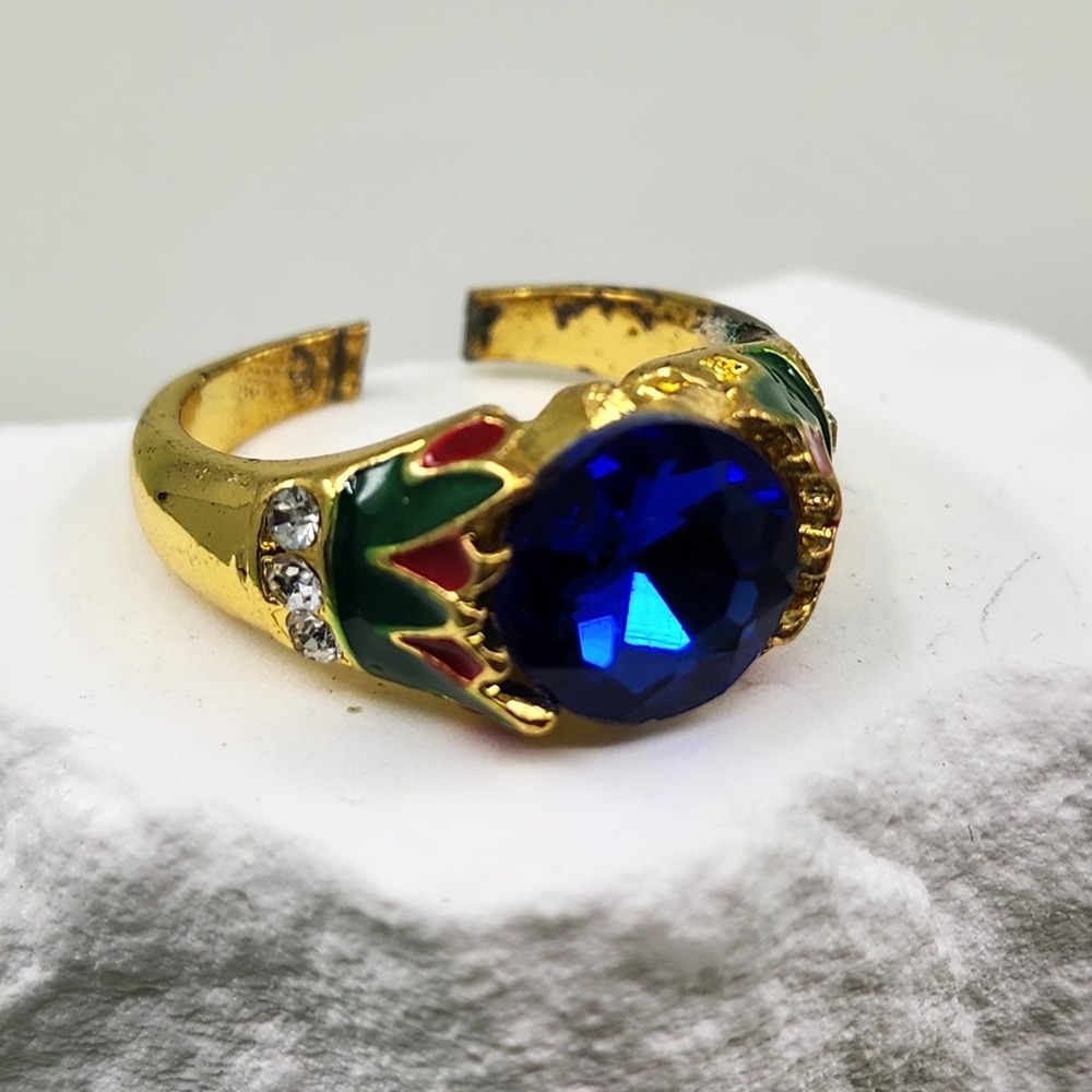 Gold Tone Blue Glass Red Green Enamel Rhinestone Bold Adjustable Statement Ring